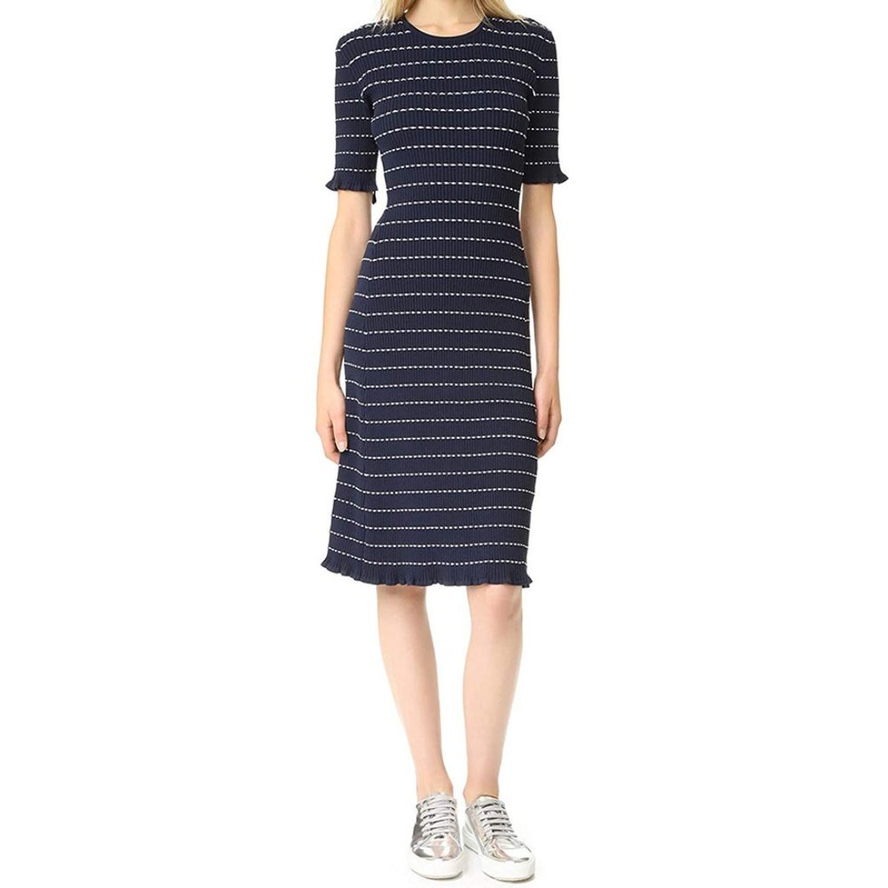 Victoria Victoria Beckham Navy Striped Flounce Trim Dress